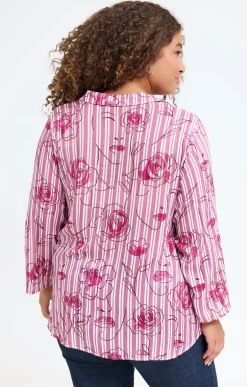 Chemise rayée imprimée visages et fleurs
