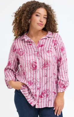 Chemise rayée imprimée visages et fleurs