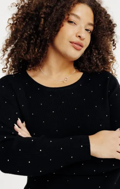 Pull uni côtelé avec strass